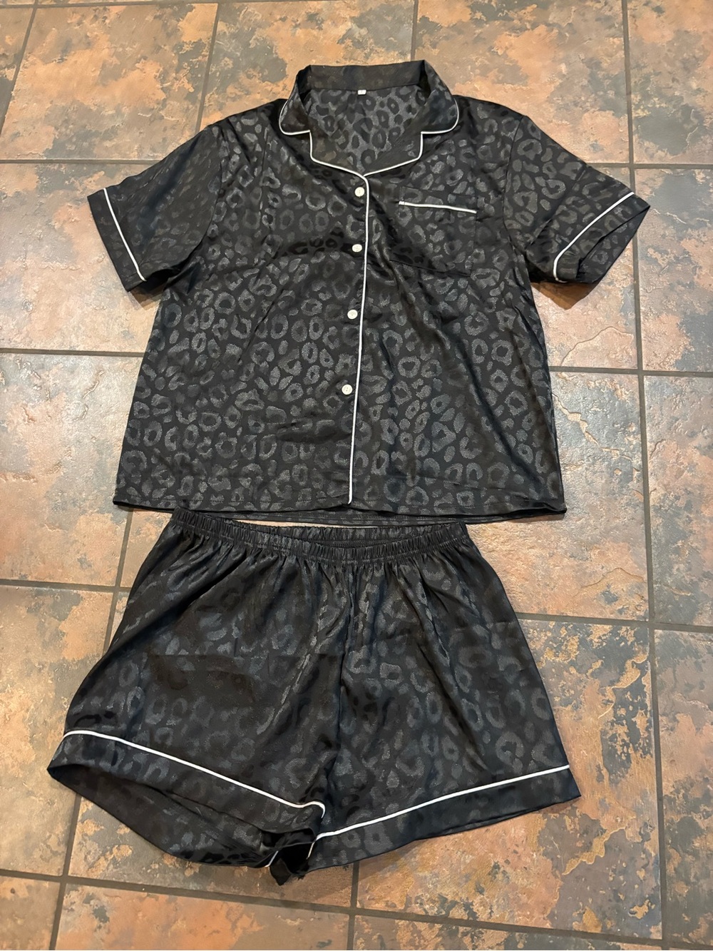 Black Leopard Print Short Pajama Set with White Piping